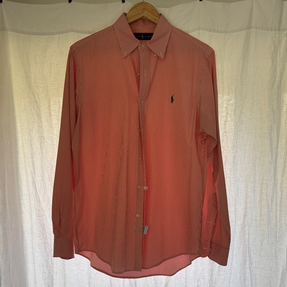 Ralph Lauren Long Sleeve Button Up Shirt Men Cotton Striped Orange M Woven Pony